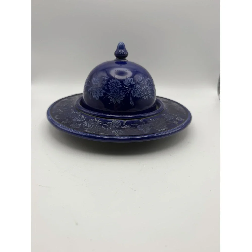 Antique Wedgwood Cobalt Blue Covered Cheese Dish Floral Jasperware England